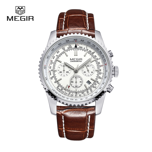 Недорогие часы Megir Aviator Chronometer (серебристый корпус, белый циферблат, коричневый ремешок).Купить в интернет-магазине