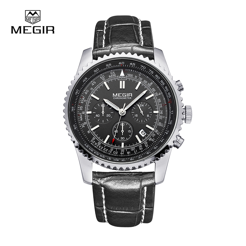 Недорогие часы Megir Aviator Chronometer (серебристый корпус, черный циферблат, черный ремешок).Купить в интернет-магазине