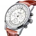 Недорогие часы Megir Aviator Chronometer (серебристый корпус, белый циферблат, коричневый ремешок).Купить в интернет-магазине